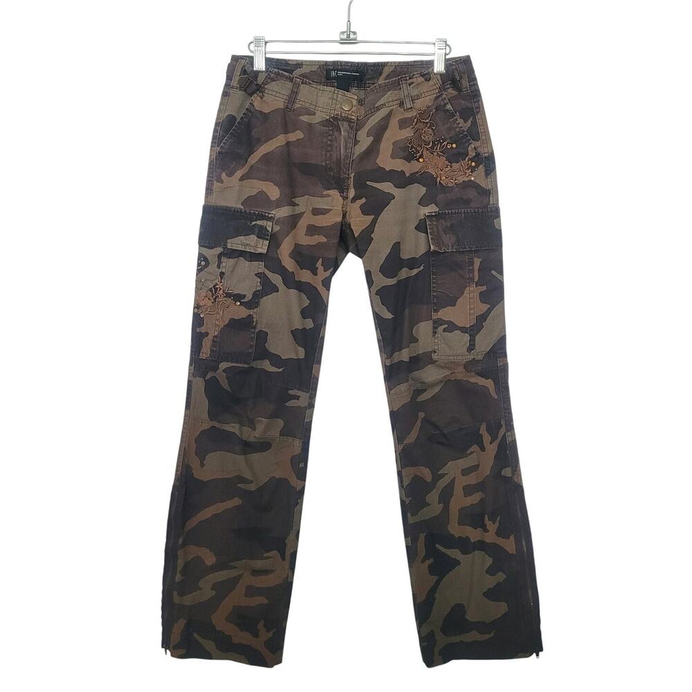 VTG Y2K INC Camo Cargo Low Rise Pants Size 2 Embroidered Brown Streetwear Skater